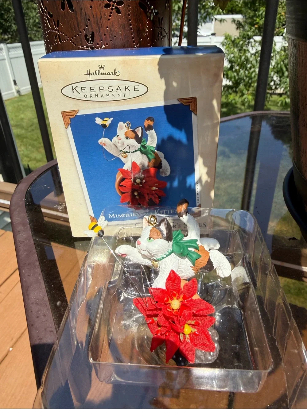 Hallmark White Cat Ornament with Red Poinsettia and Green Bow